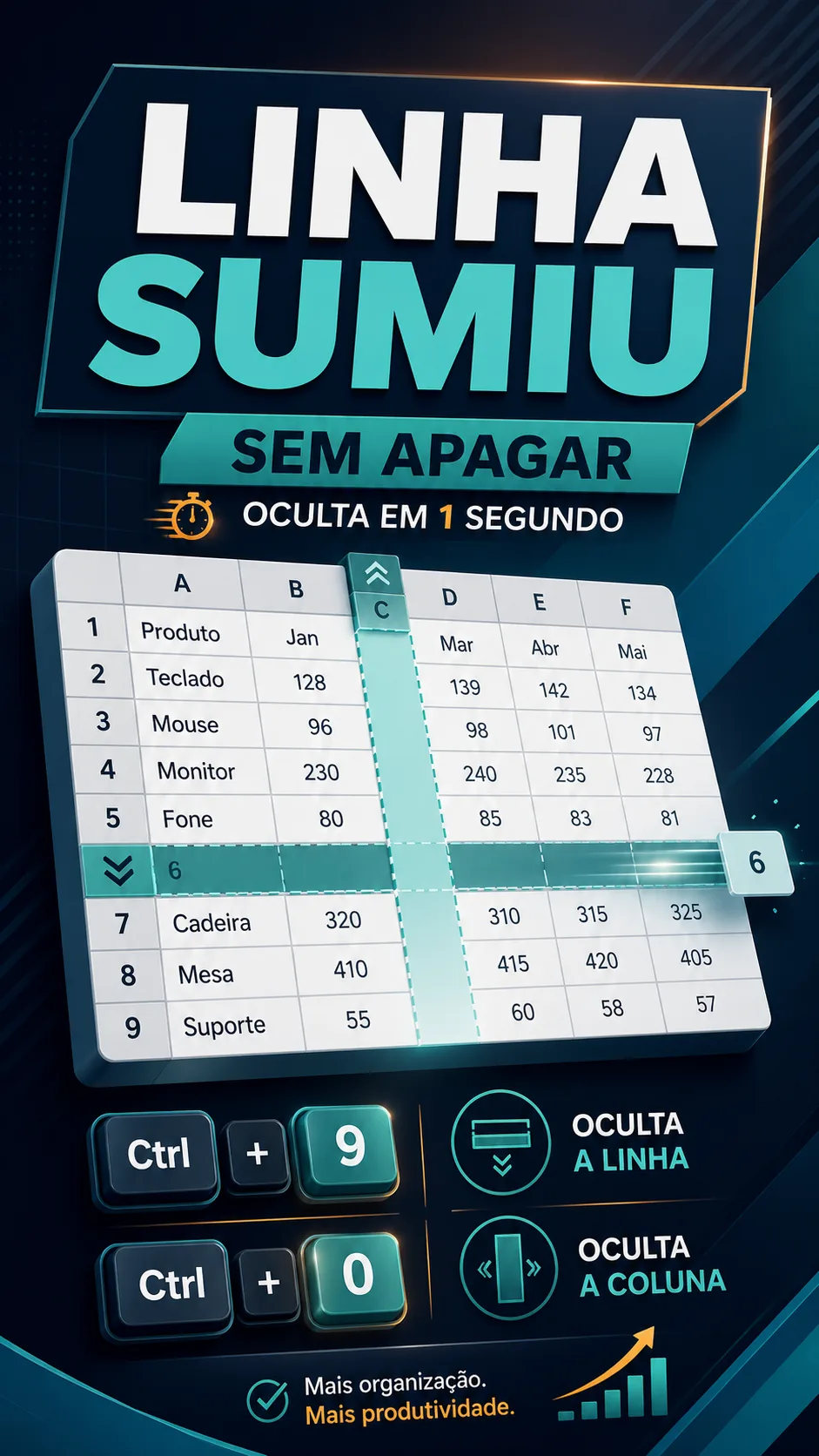 Capa do vídeo: Ctrl+9 e Ctrl+0: oculte linhas e colunas sem apagar os dados
